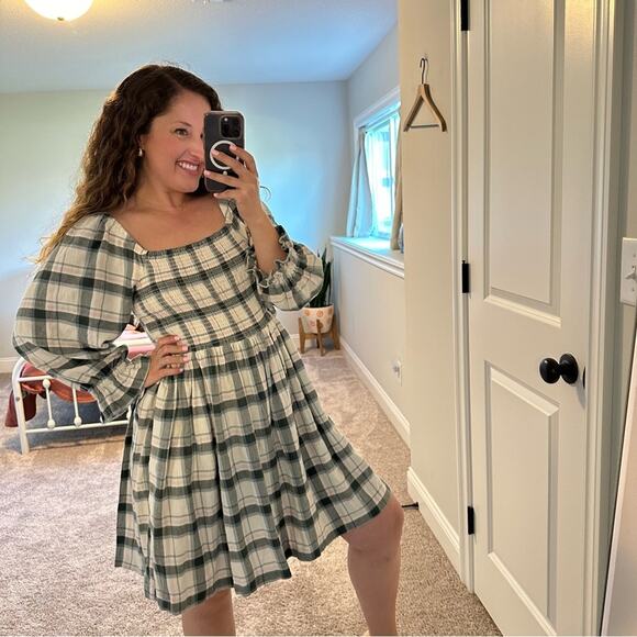 Madewell Cotton Black Blue Pink Smocked Square Neck Mini Dress Large - Picture 3 of 12